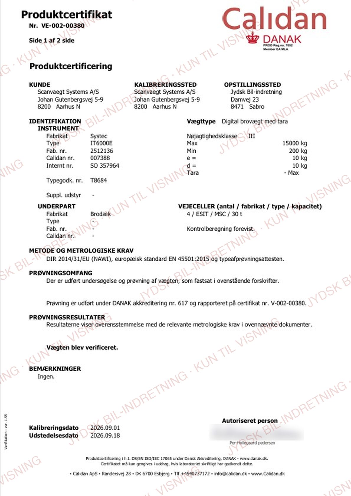 Produktcertifikat nr. VE-002-00380 for brovægten hos Jydsk Bil-indretning
